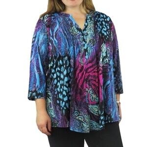 La Cera Pleat Front Printed Tunic Blue Purple Large